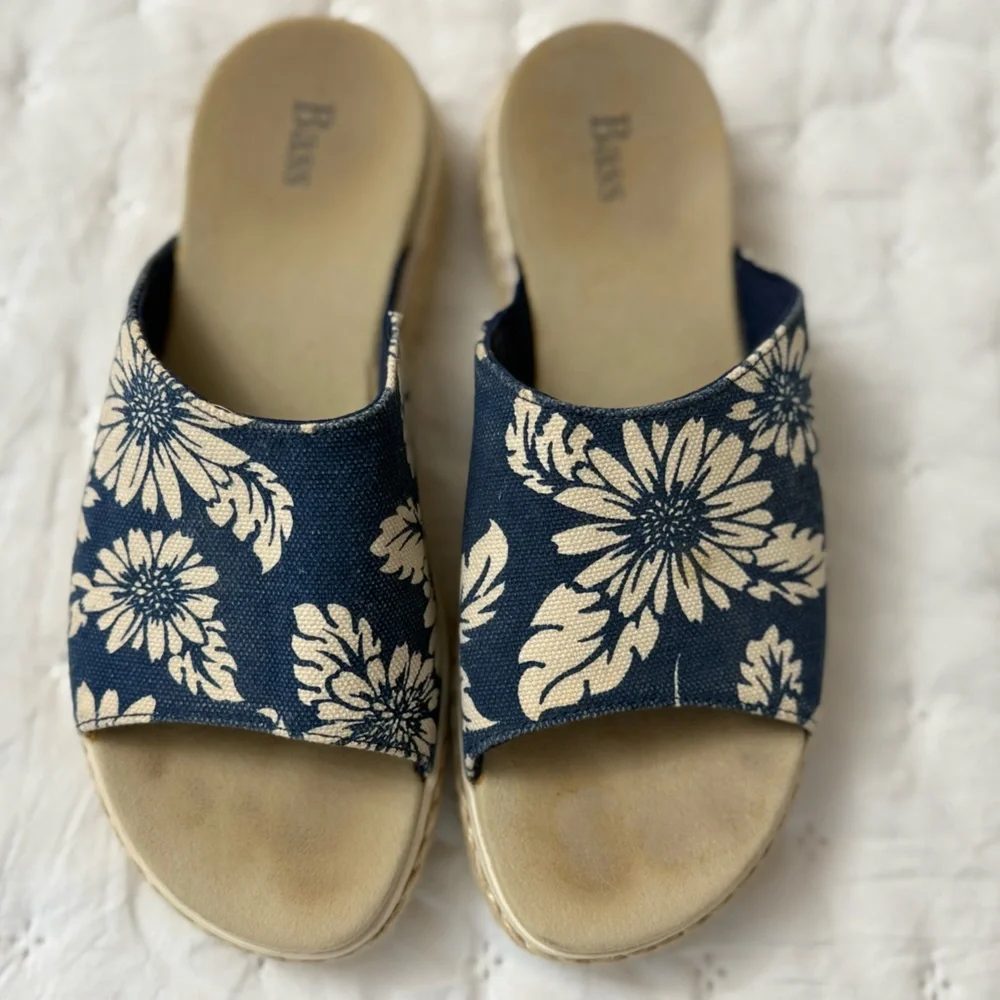 BASS Women’s Holiday Hawaiian Floral Blue Espadrille Slides Size 7M Vintage Y2K